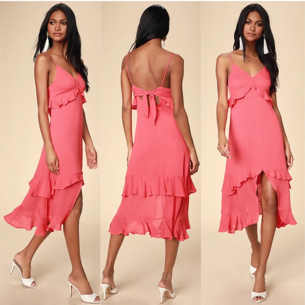 LULU’S || Island Time Coral Pink Ruffled Midi Dress